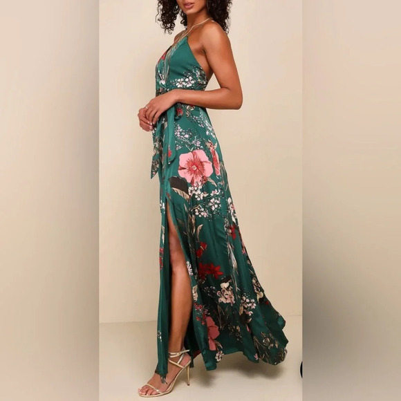 Lulu's Emerald Green Floral Wrap Maxi Dress with Pink & Red Accents - Picture 8 of 12